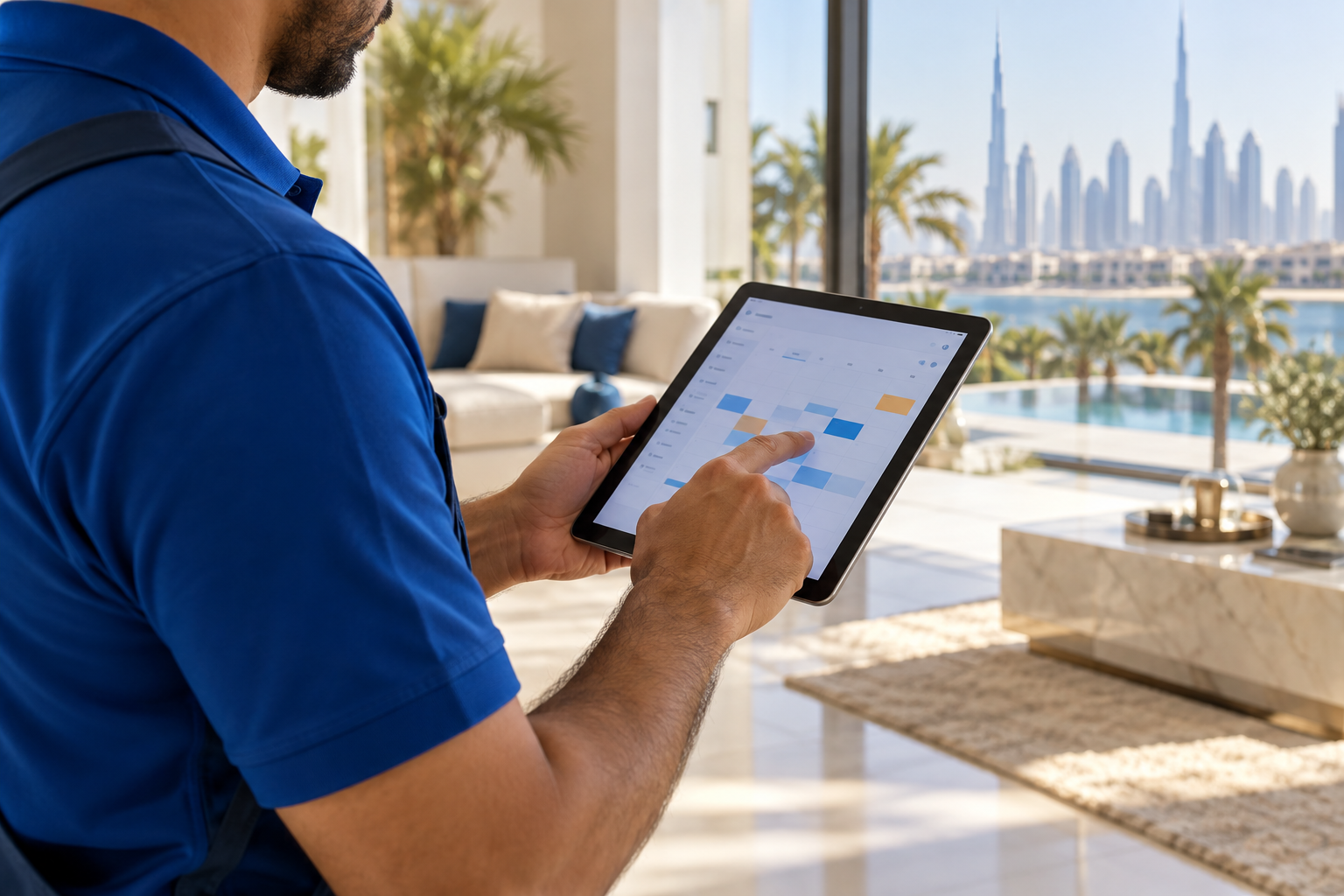 Technician using a tablet to organize service work